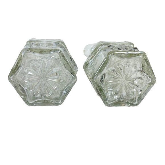 Pair Of Glass Cruet Bottles With Stoppers Floral Starburt Pattern Oil Vinegar - Picture 10 of 15